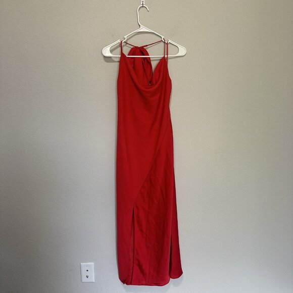 Cushnie Target Red Cowl Neck Slip Midi Dress Womens 6 Satin Leg Slit Tie Neck - Picture 1 of 10